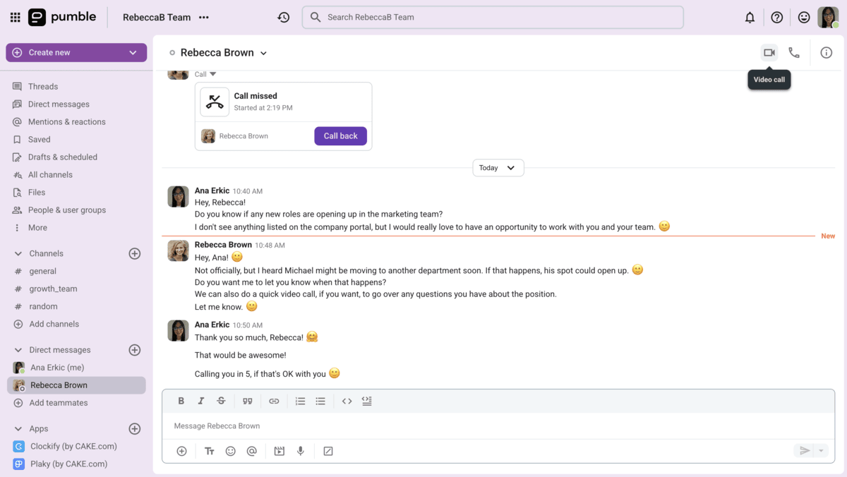 An example of jumping on a quick call in Pumble