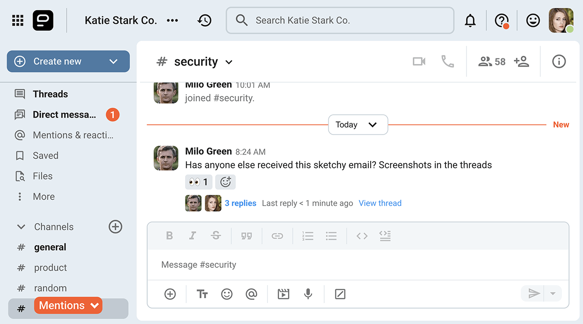 Channels, threads, and direct messages in Pumble, the business messaging app