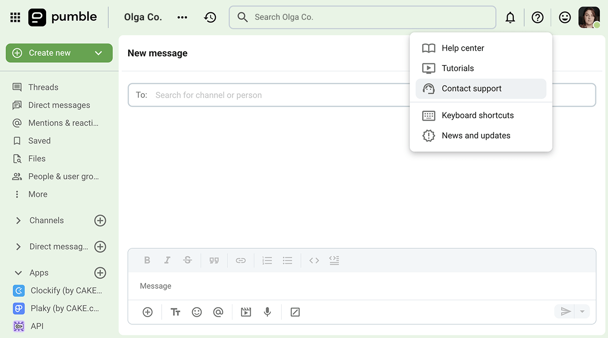 Contact support on Pumble