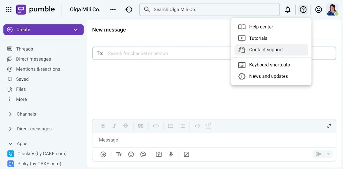 Contact support on Pumble