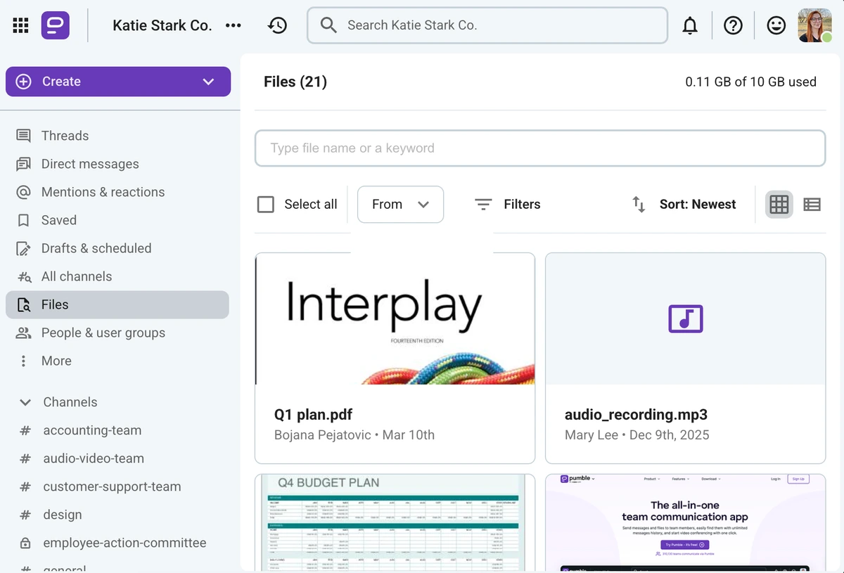 Easily search through all files, documents, and audio and video messages shared on your Pumble workspace