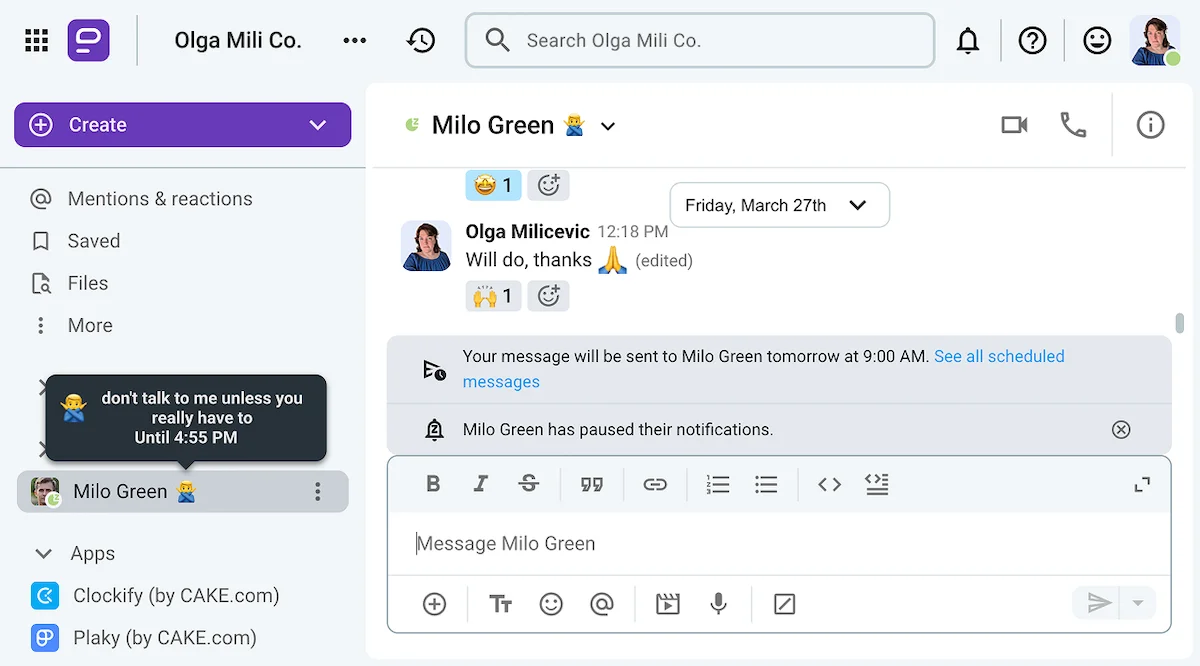 Easily visible custom statuses on Pumble, the team communication app