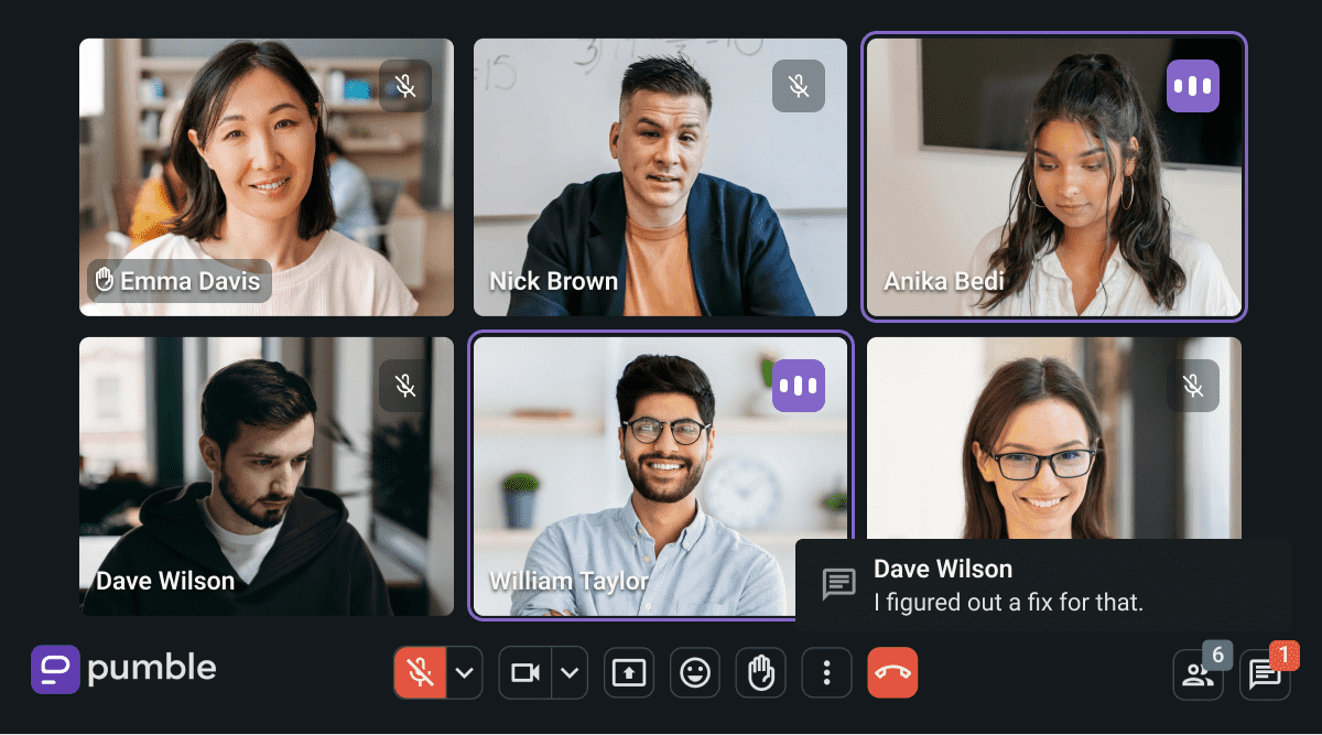 Emma raises her hand and Dave sends a message during a video call on Pumble, the team communication app