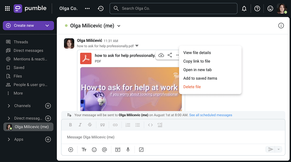 File sharing on Pumble, a team communication app