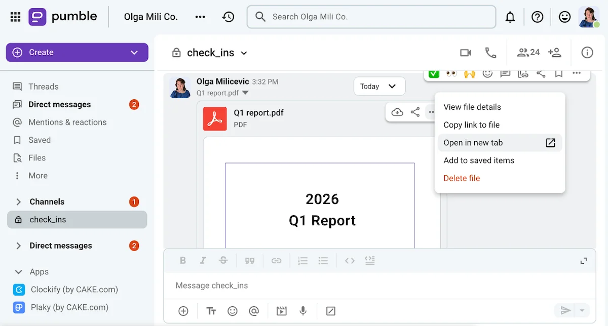 File sharing on Pumble, the team communication app