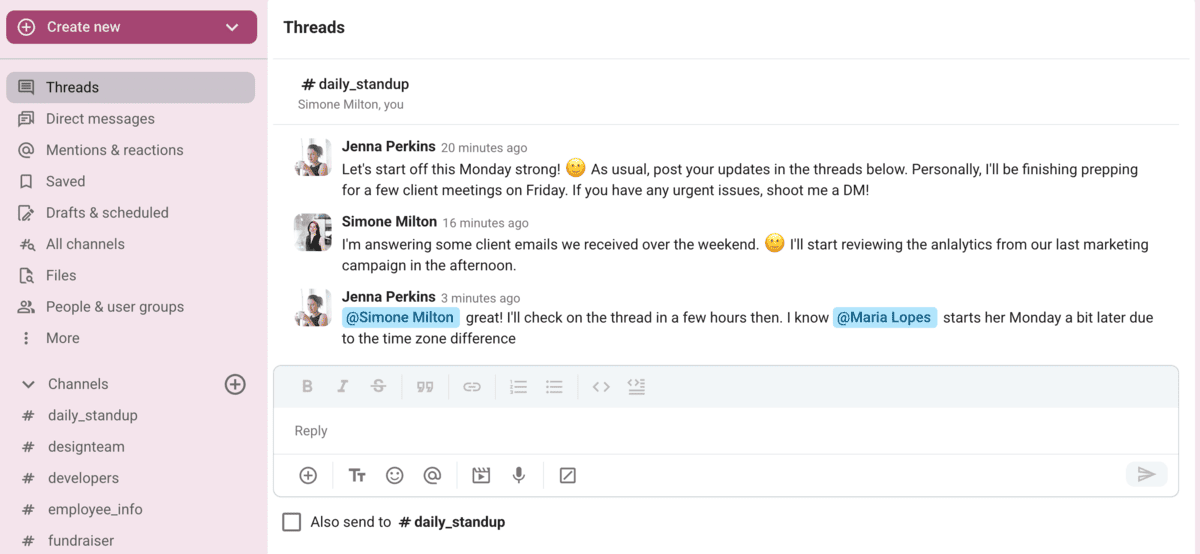 Find ongoing discussions under Threads in the Pumble sidebar
