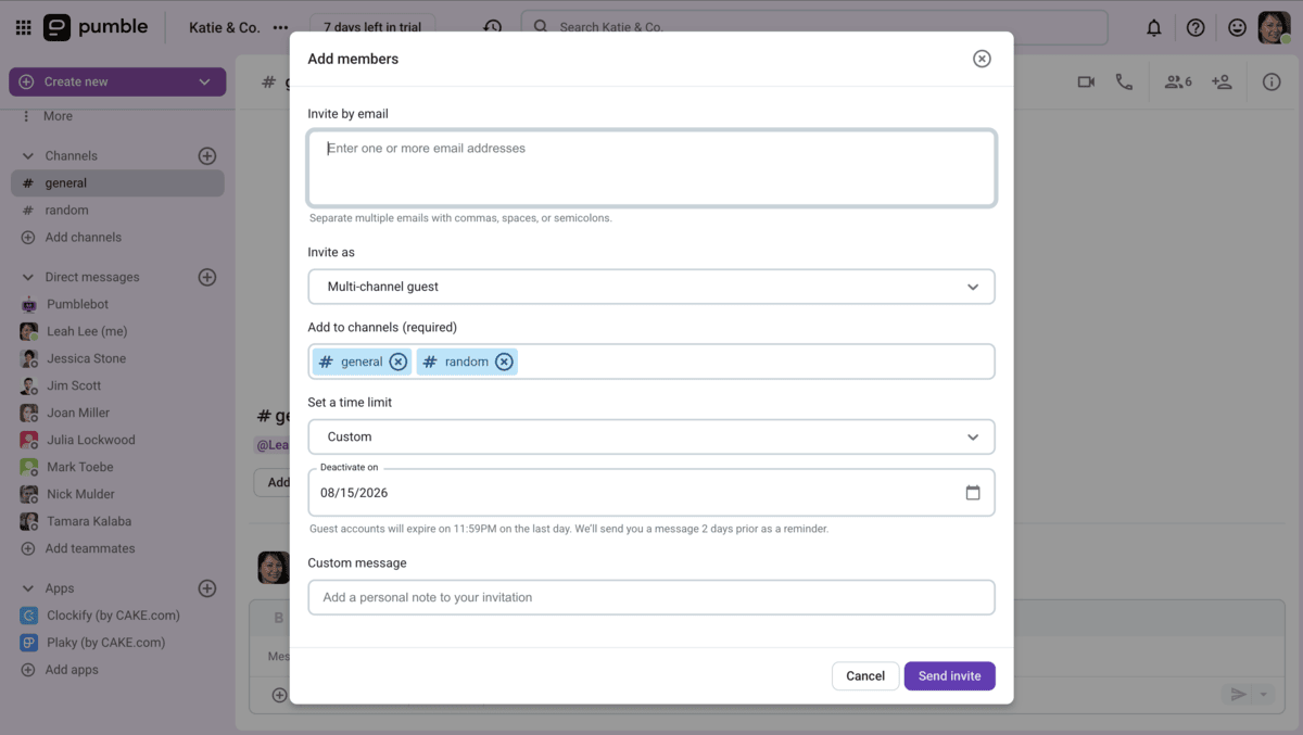 Inviting a guest user in Pumble  