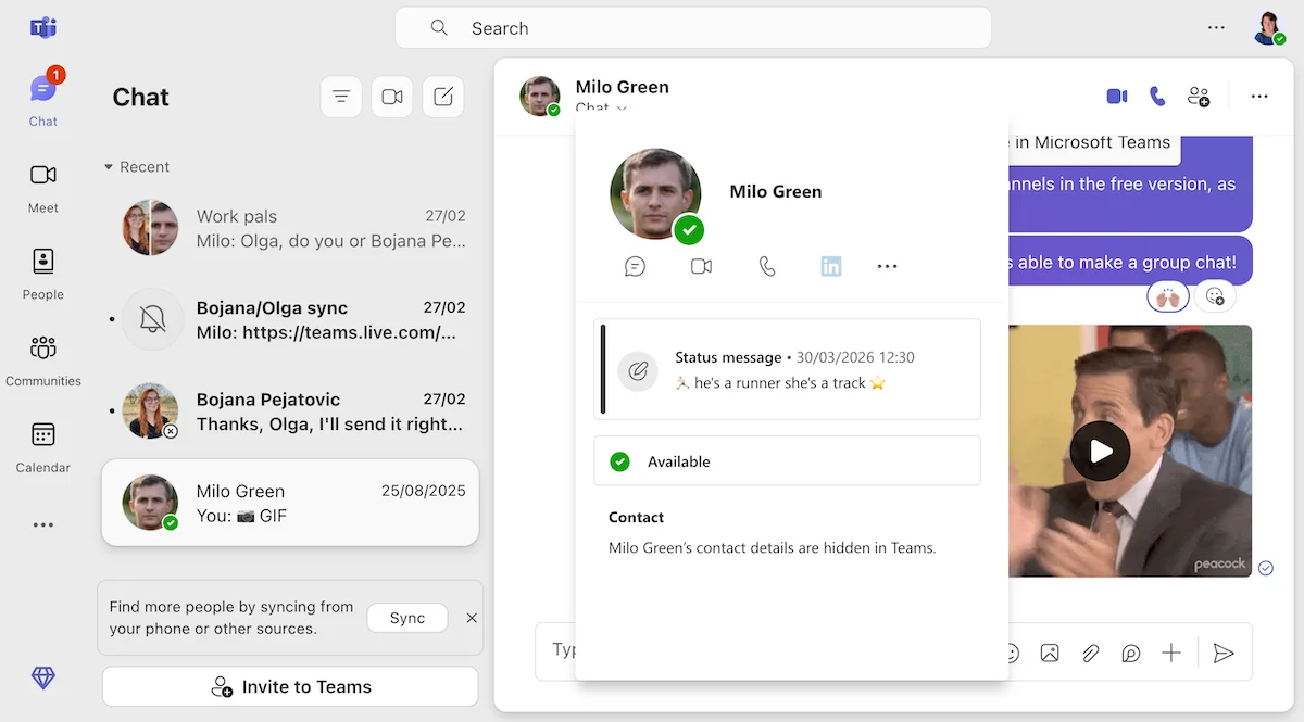 Milo's custom status is only visible by hovering over his name inside the MS Teams chat