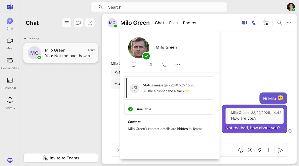 Milo's profile picture and custom status are only visible by hovering over his name inside the MS Teams chat