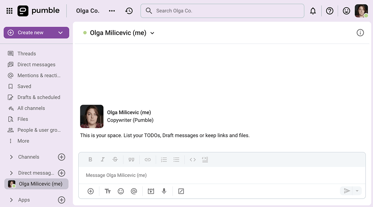 My usual user interface on Pumble, the team communication app