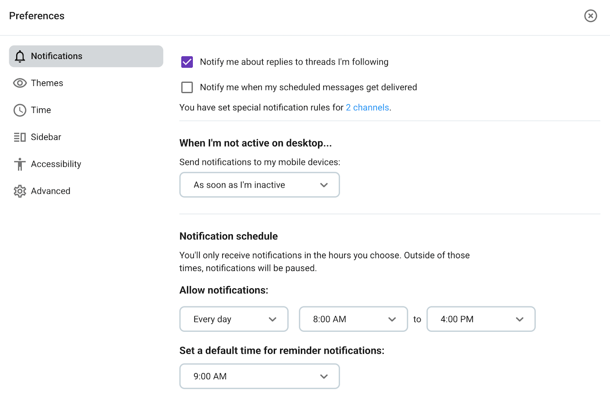 Notification settings in Pumble, the team communication app