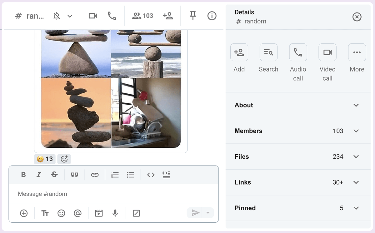Opening the side panel of a channel or a conversation in Pumble, the team communication app