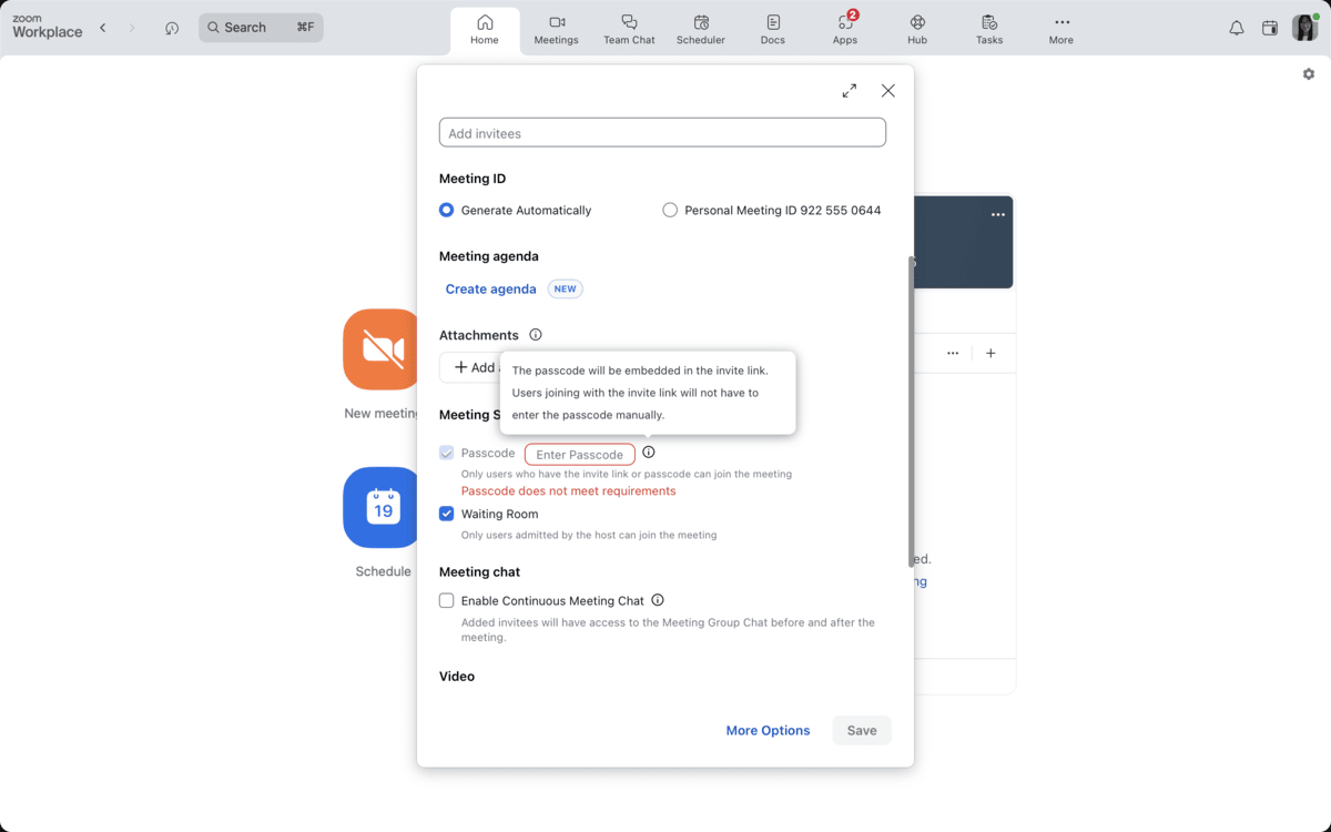 Passcode and waiting room settings in Zoom
