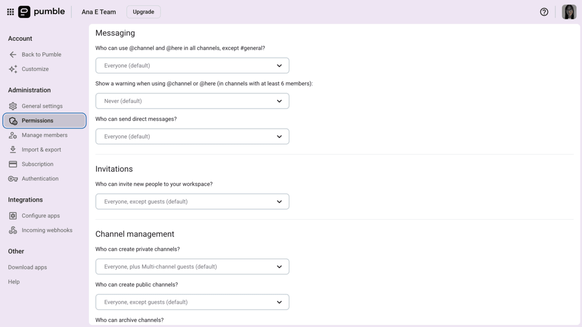 Roles and permissions settings in Pumble