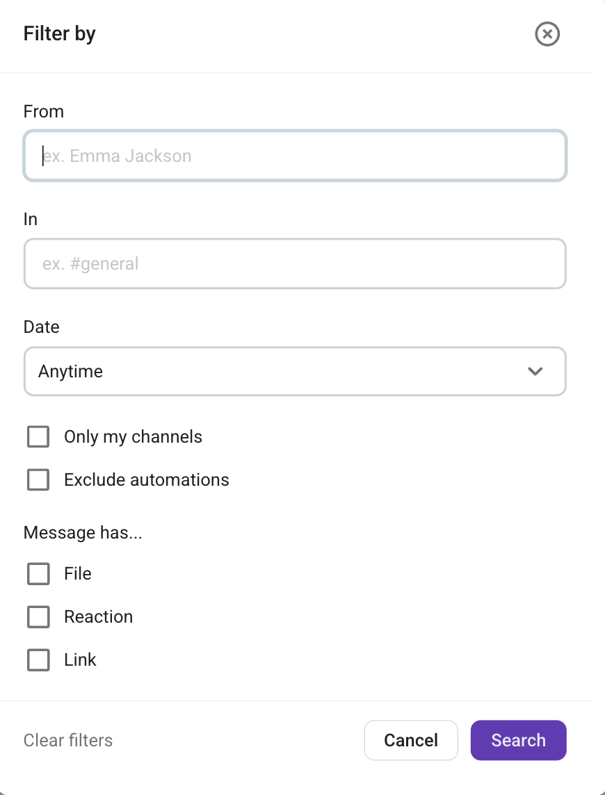 Search filters in Pumble