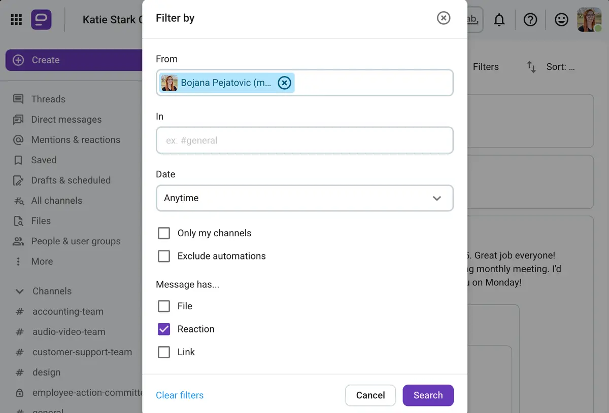 Search filters in Pumble