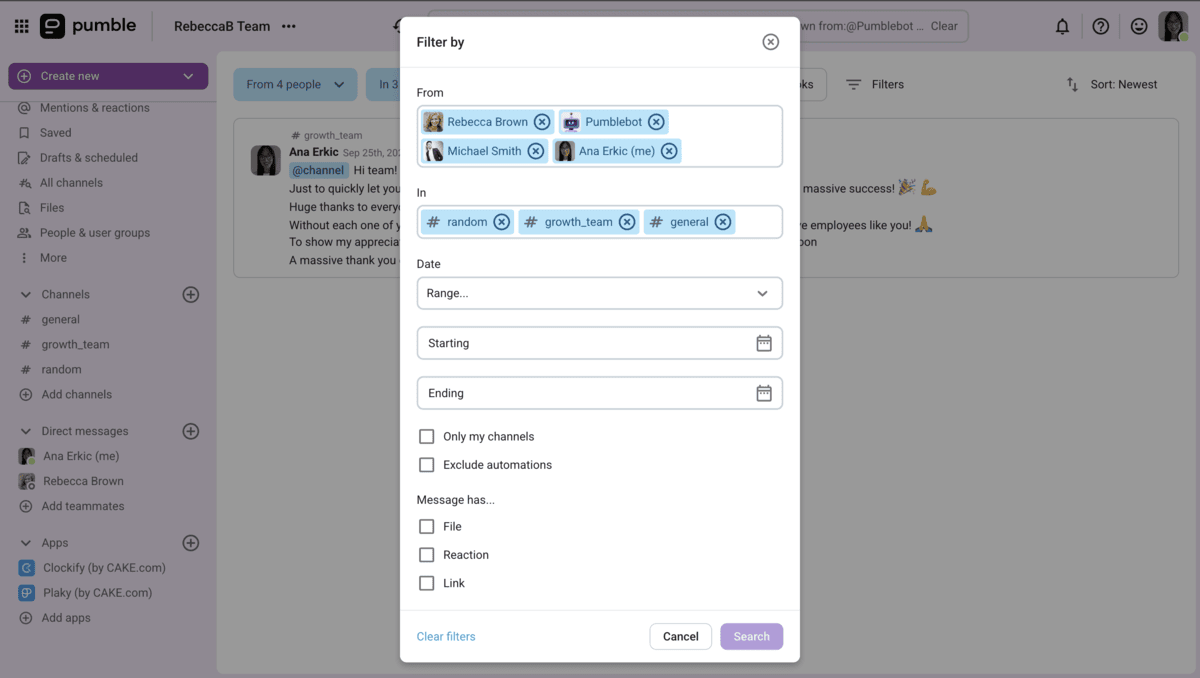 Search options in Pumble 