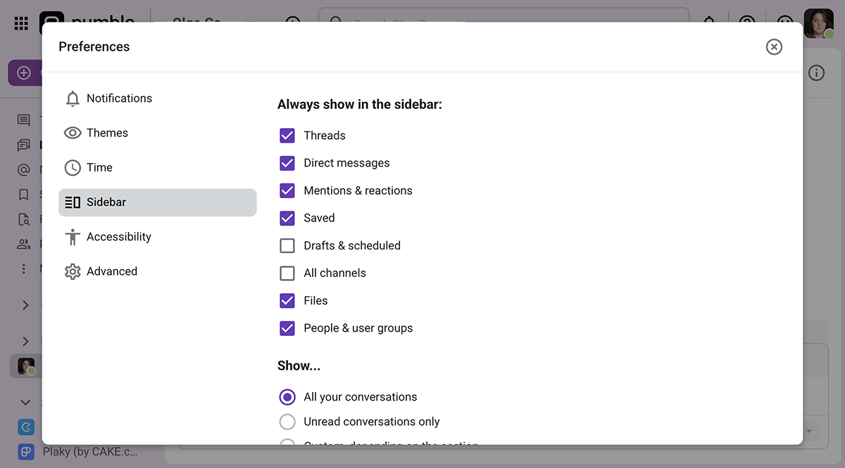 Sidebar customization on Pumble, the business messaging app
