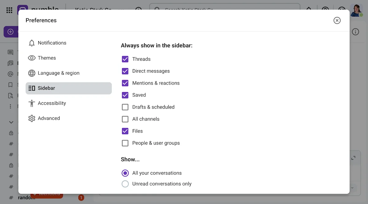 Sidebar customization on Pumble, the business messaging app