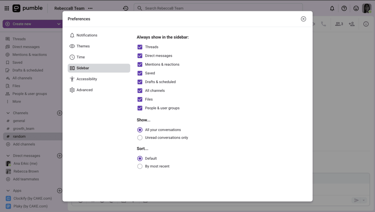 Sidebar customization options in Pumble