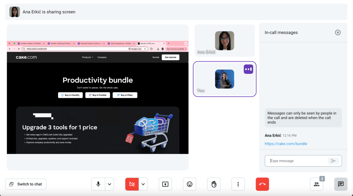 Some of the video call features in Pumble