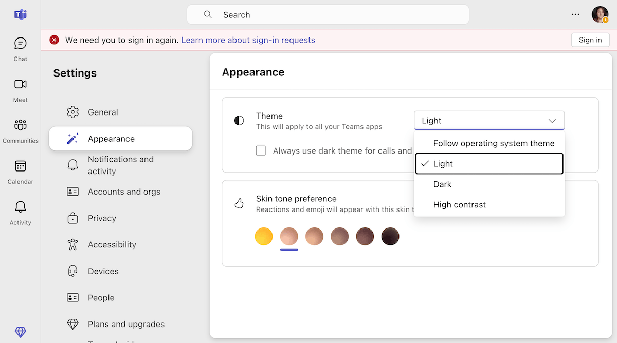 The extent of Microsoft Teams's UI customization options