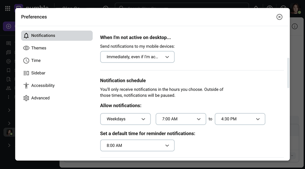 The notification schedule settings on Pumble, the business messaging app
