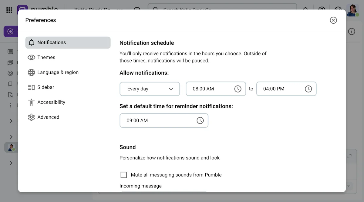 The notification schedule settings on Pumble, the business messaging app
