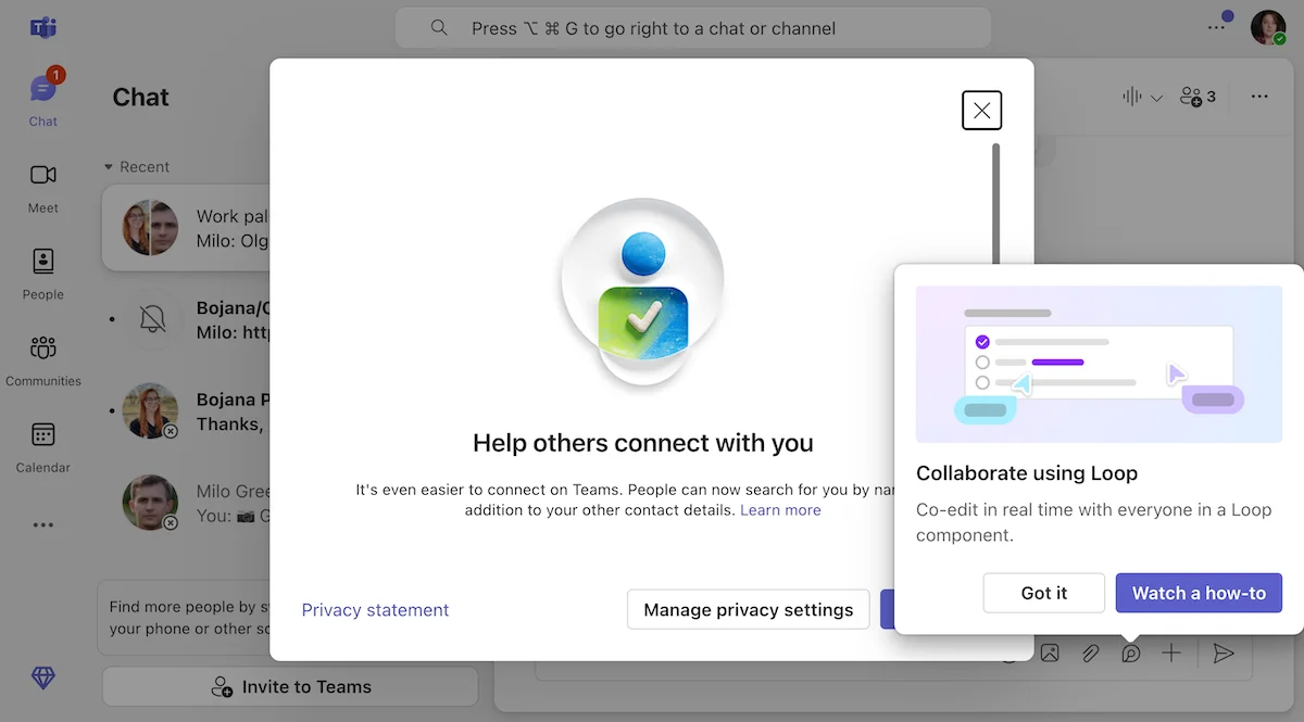 The pop-ups I saw upon entering Teams
