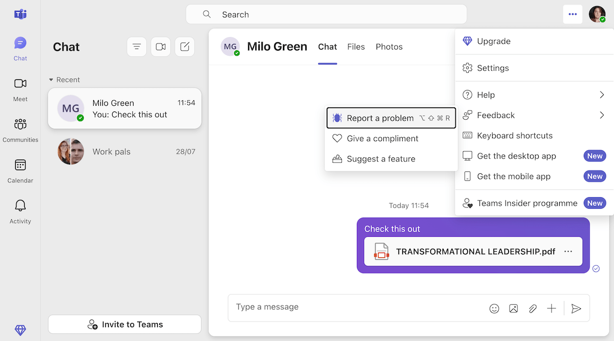 The reporting feature in MS Teams