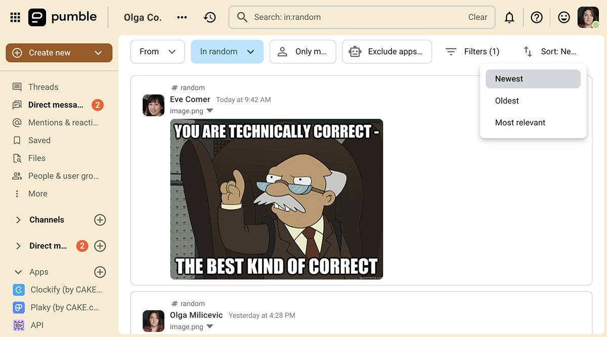 The search feature in Pumble, the business messaging app