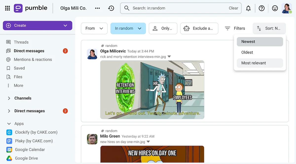 The search feature in Pumble, the business messaging app