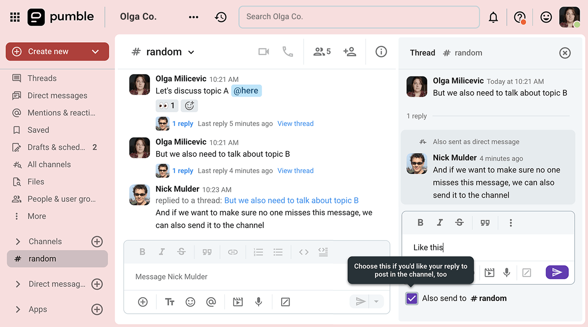 Threads in Pumble, a business messaging app