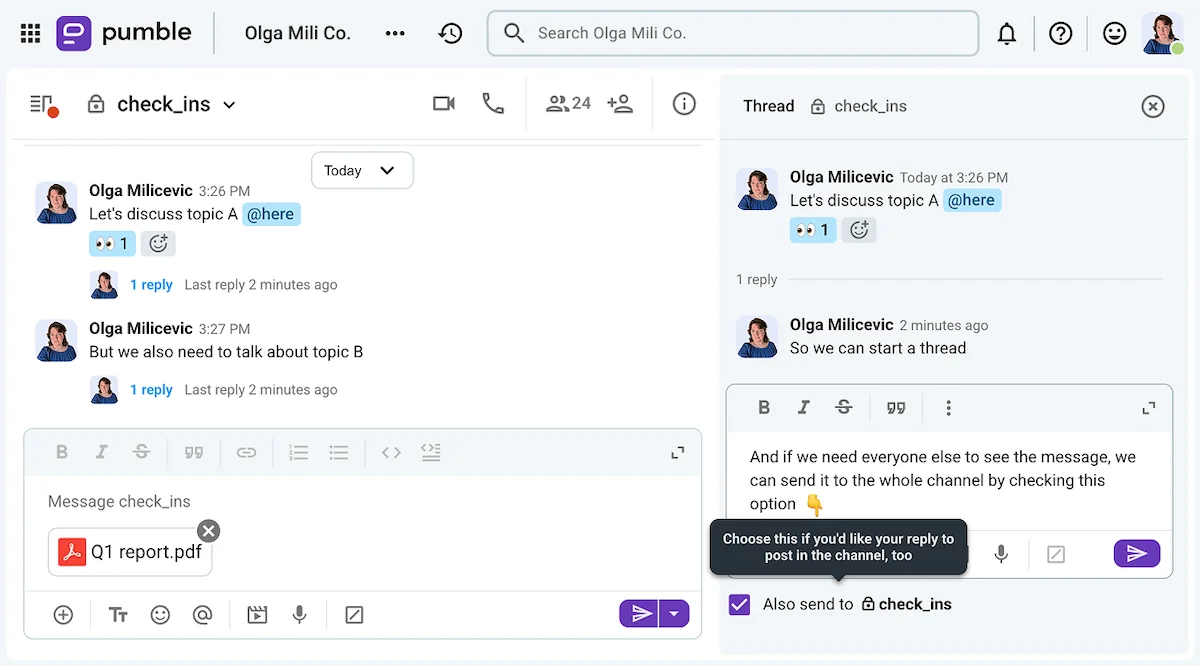 Threads in Pumble, a business messaging app