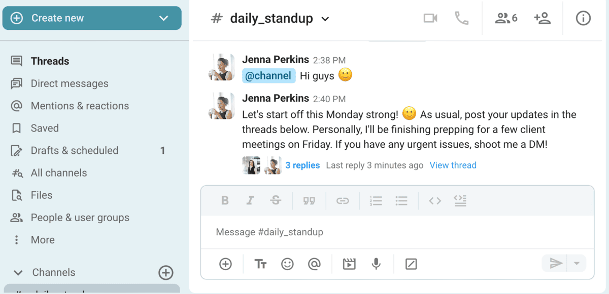 Use Pumble's threads as alternatives to meetings and daily standups
