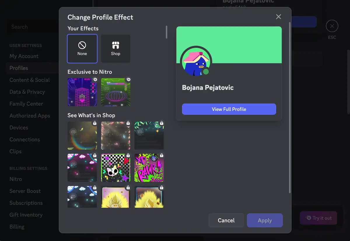 You can apply effects to your Discord profile, but only if you upgrade to a paid plan