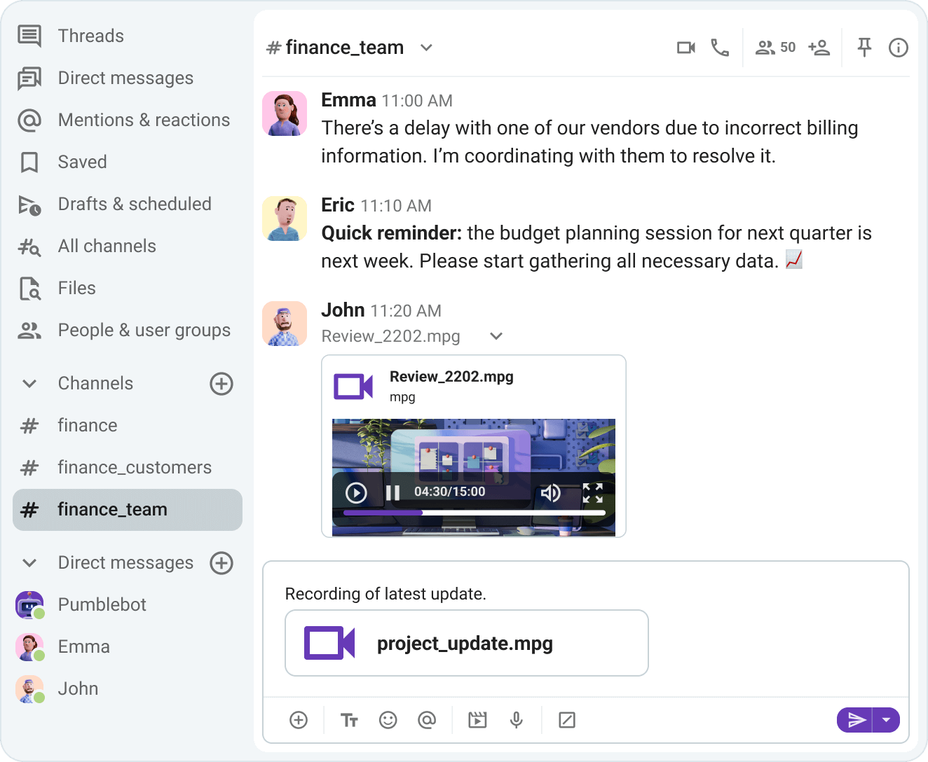 Sharing a video message in Pumble 