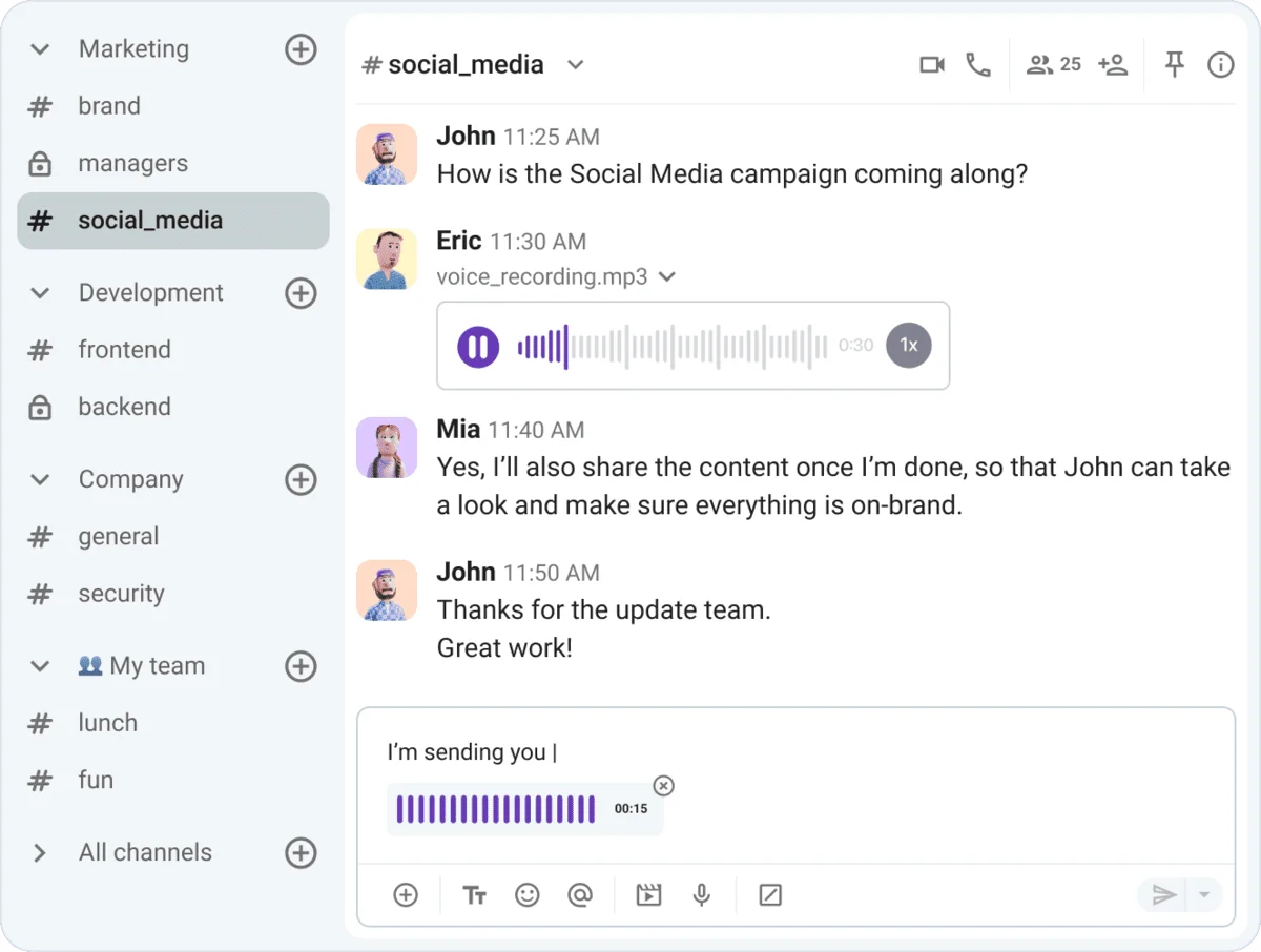 Share information via voice messages in Pumble
