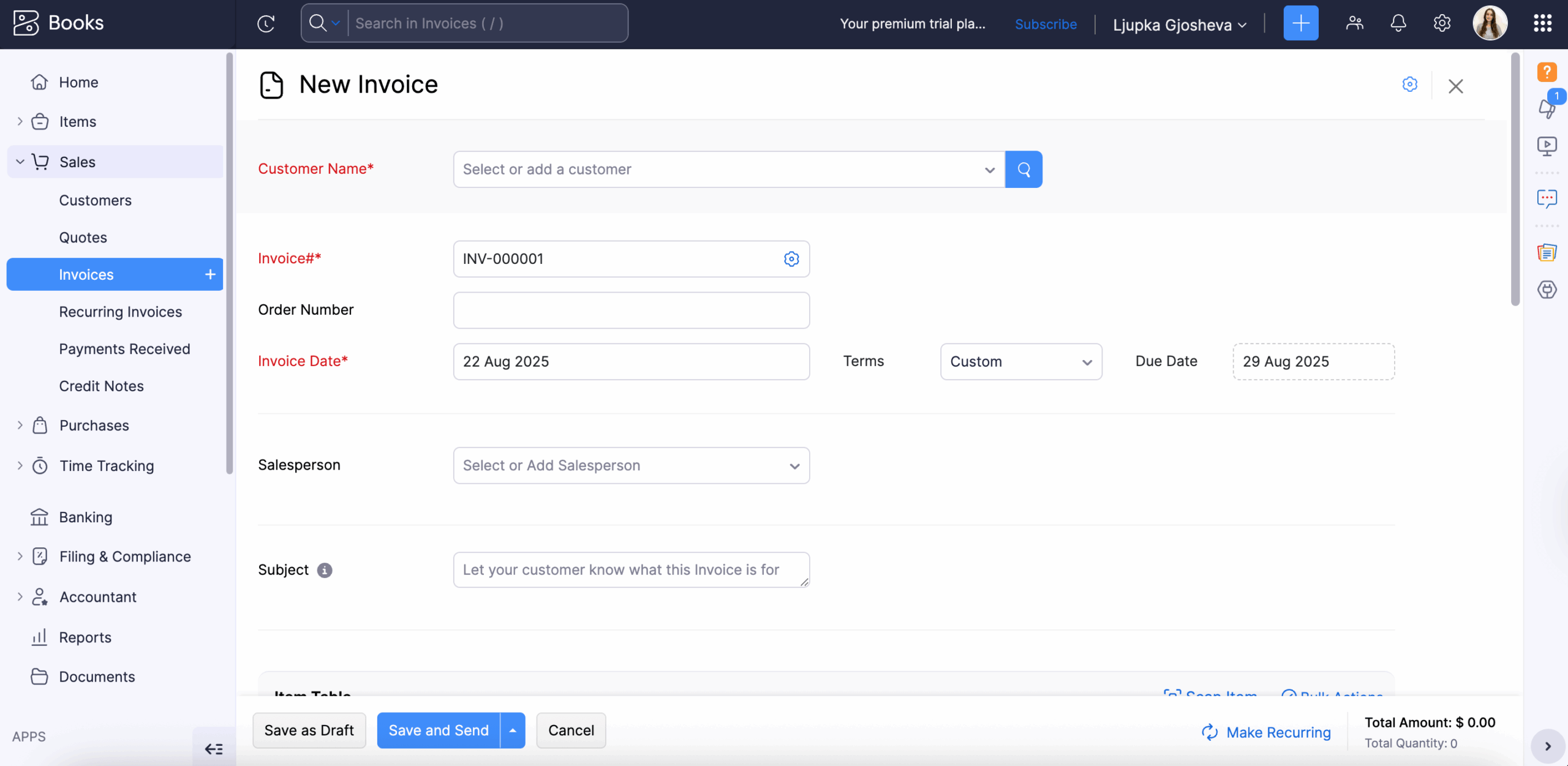 Creating an invoice in Zoho Books