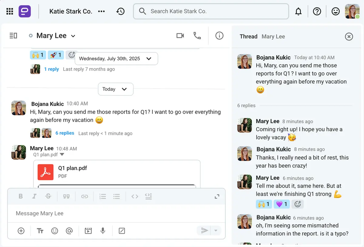 A threaded conversation in Pumble
