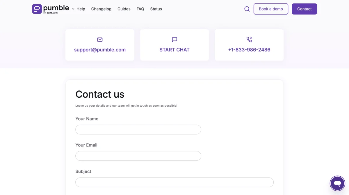 Customer support options in Pumble