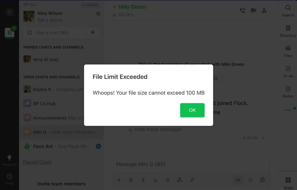 File sharing in Flock is capped at 100 MB