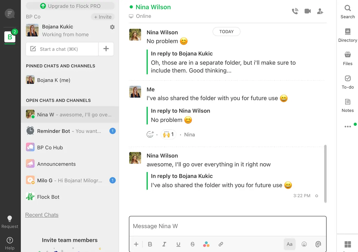 Flock only offers the option to reply to a message, and doesn’t have the thread functionality like Pumble