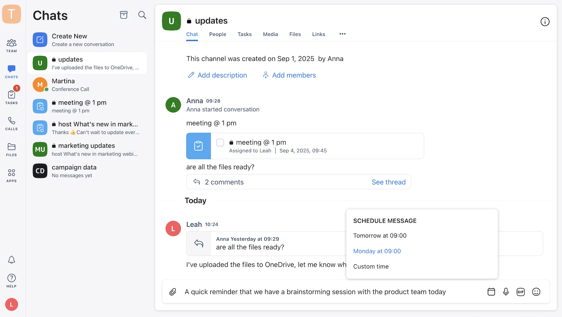 Keep up with team chats, schedule messages, and view threads in Chanty