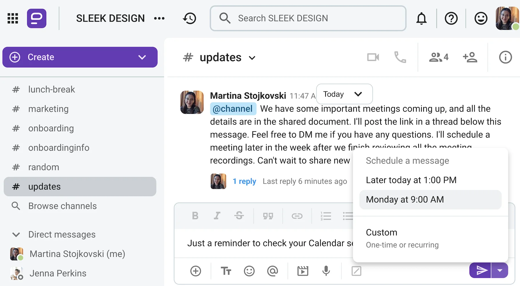 Never forget urgent work thanks to scheduled and saved messages in Pumble