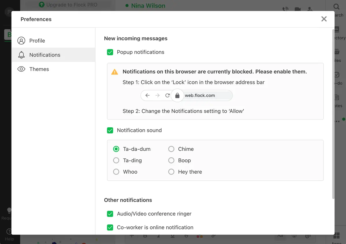 Notification settings in Flock