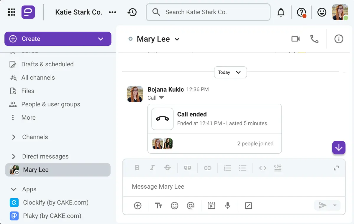 Pumble clearly notes a call has ended and displays how long it lasted and how many people joined