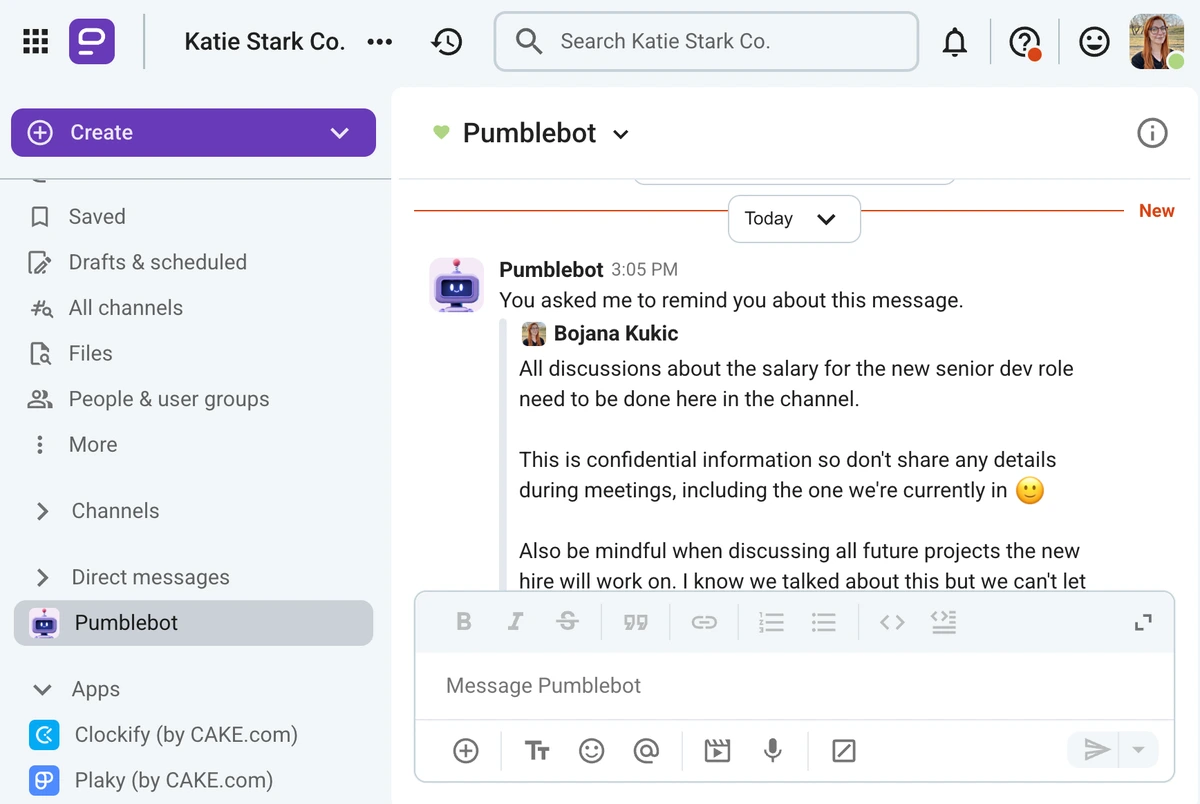 Pumble reminders arrive to the Pumblebot section