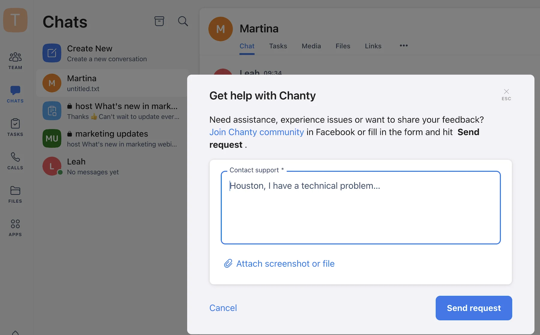Report an issue or ask a question in Chanty