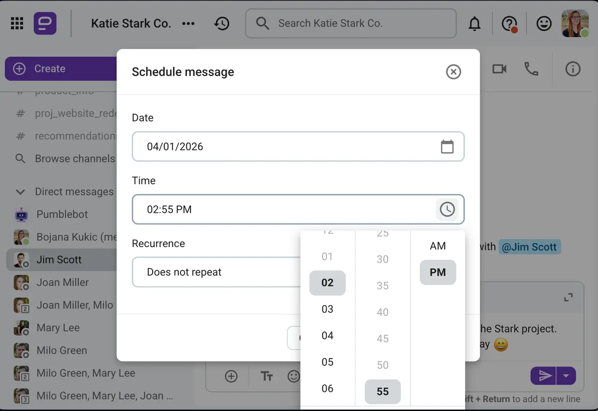 Scheduling a message in Pumble by CAKE.com